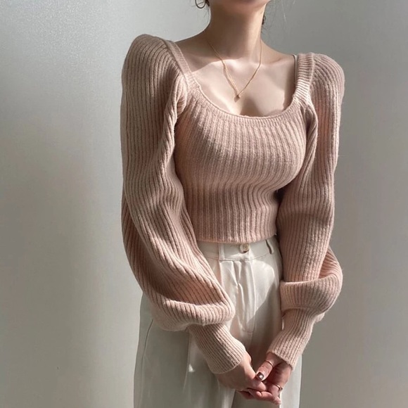 Sweater knit blush pink black womens puff sleeve - Picture 3 of 3
